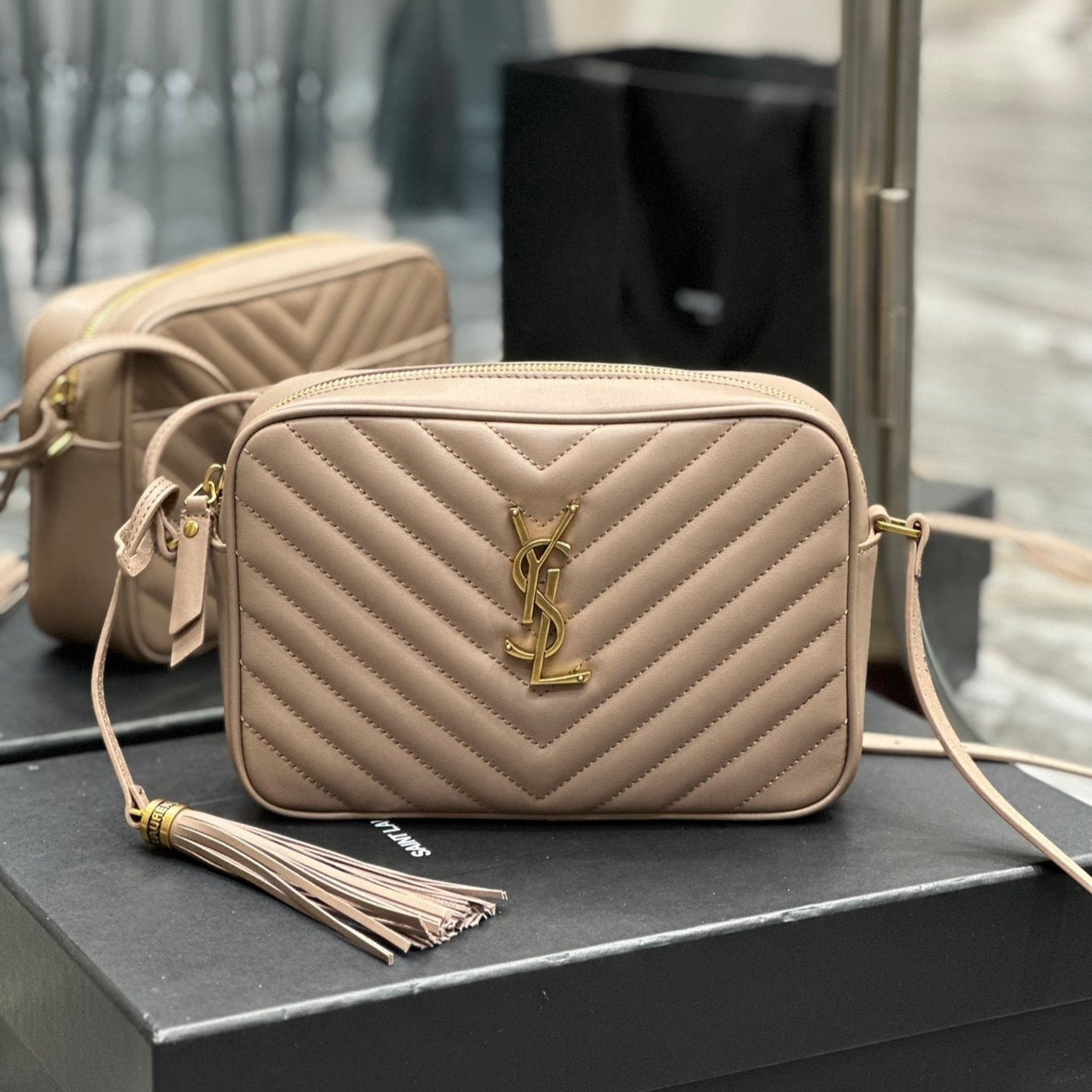 {Style No: QM8KA988} LOU 23 CAMERA BAG BEIGE IN QUILTED LEATHER GOLD HARDWARE