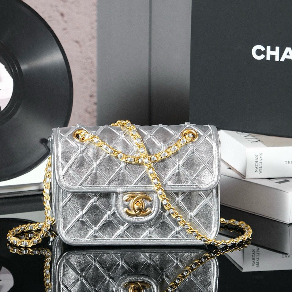 {Style No: 6Q9FVNL7} CC MINI 20 FLAP BAG METALLIZED CALFSKIN GOLD HARDWARE