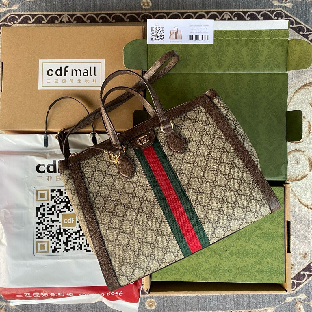 {Style No: AAZ6SV9Q} OPHIDIA LARGE 33 CM TOTE BAG IN BEIGE/EBONY GG CANVAS WITH BROWN LEATHER TRIM - Image 2