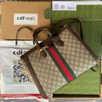 {Style No: AAZ6SV9Q} OPHIDIA LARGE 33 CM TOTE BAG IN BEIGE/EBONY GG CANVAS WITH BROWN LEATHER TRIM