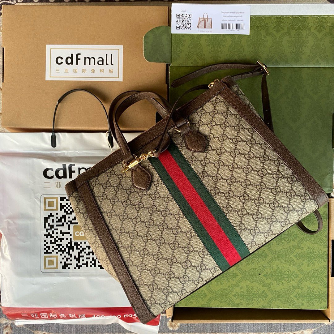 {Style No: AAZ6SV9Q} OPHIDIA LARGE 33 CM TOTE BAG IN BEIGE/EBONY GG CANVAS WITH BROWN LEATHER TRIM