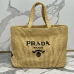 {Style No: XDYOEVBJ} Prada 40 Cm Raffia Crochet Neutral Straw Tote Bag