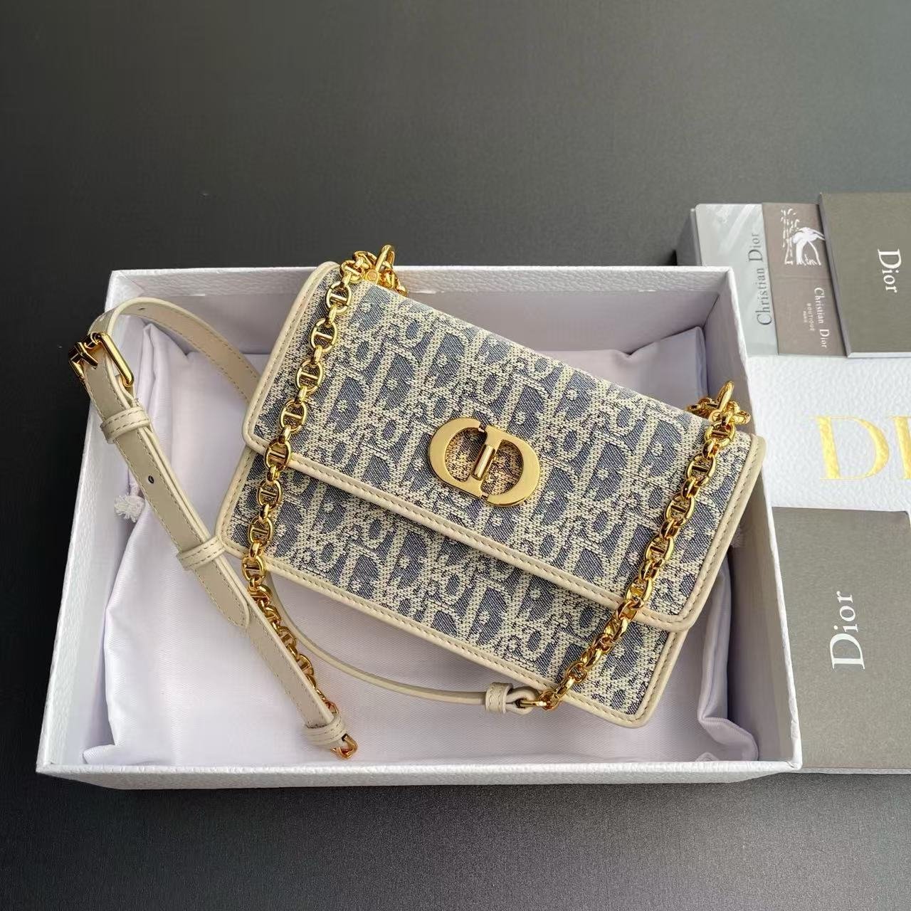 {Style No: DASU5WJM} CD OBLIQUE SHOULDER BAG 18 IN BLUE AND BEIGE FABRIC GOLD-TONE CHAIN - Image 9