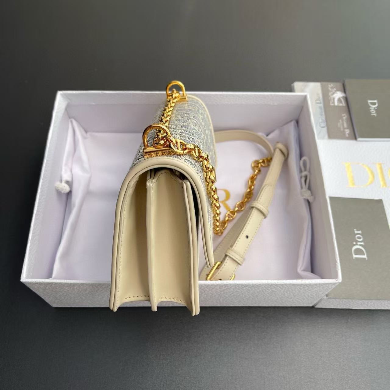 {Style No: DASU5WJM} CD OBLIQUE SHOULDER BAG 18 IN BLUE AND BEIGE FABRIC GOLD-TONE CHAIN - Image 2