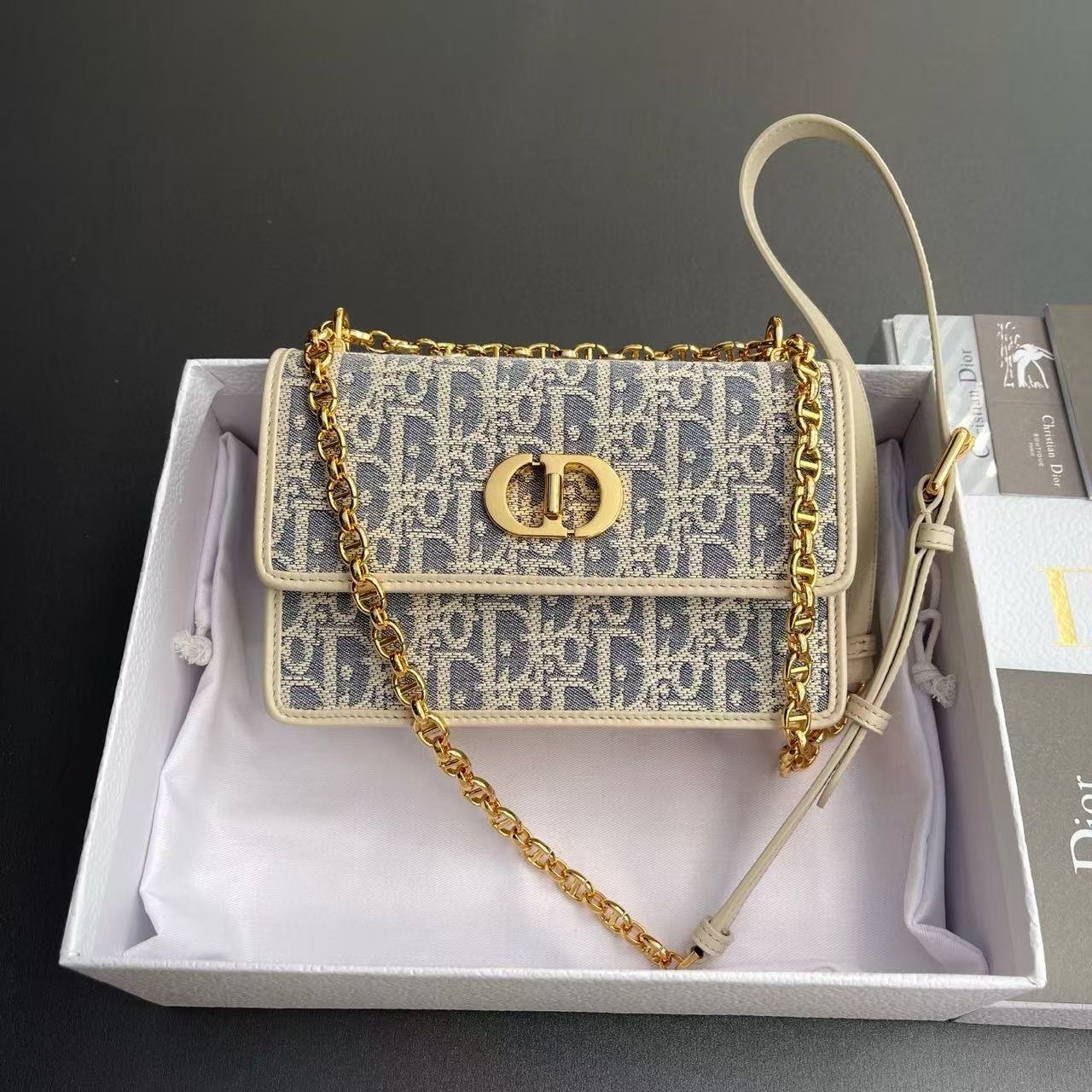 {Style No: DASU5WJM} CD OBLIQUE SHOULDER BAG 18 IN BLUE AND BEIGE FABRIC GOLD-TONE CHAIN