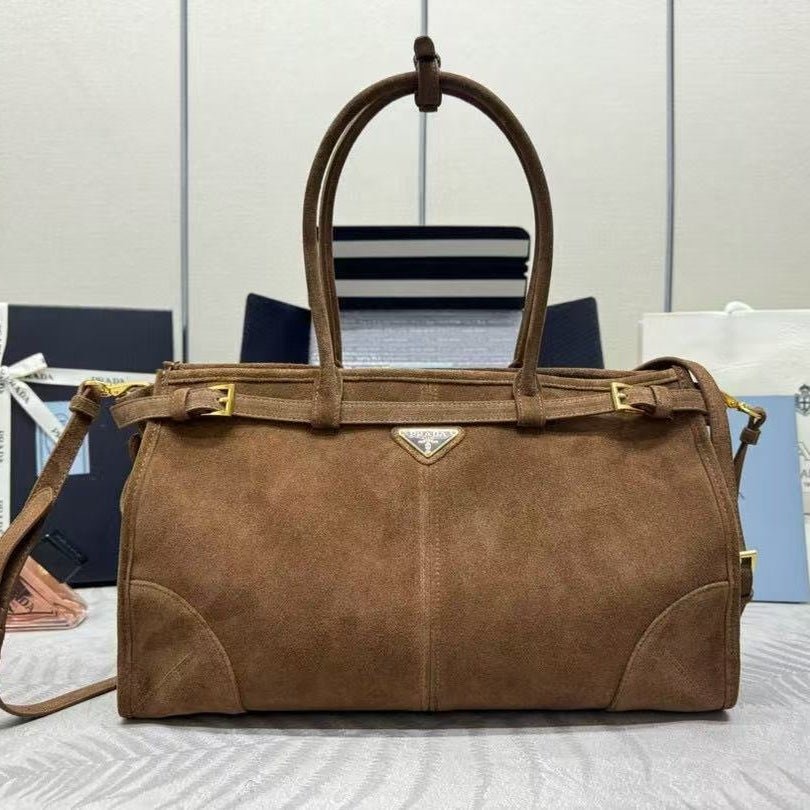{Style No: RCY4JBAN} TOTE BAG WITH BELT 38 IN CHOCOLATE BROWN SUEDE GOLD HARDWARE