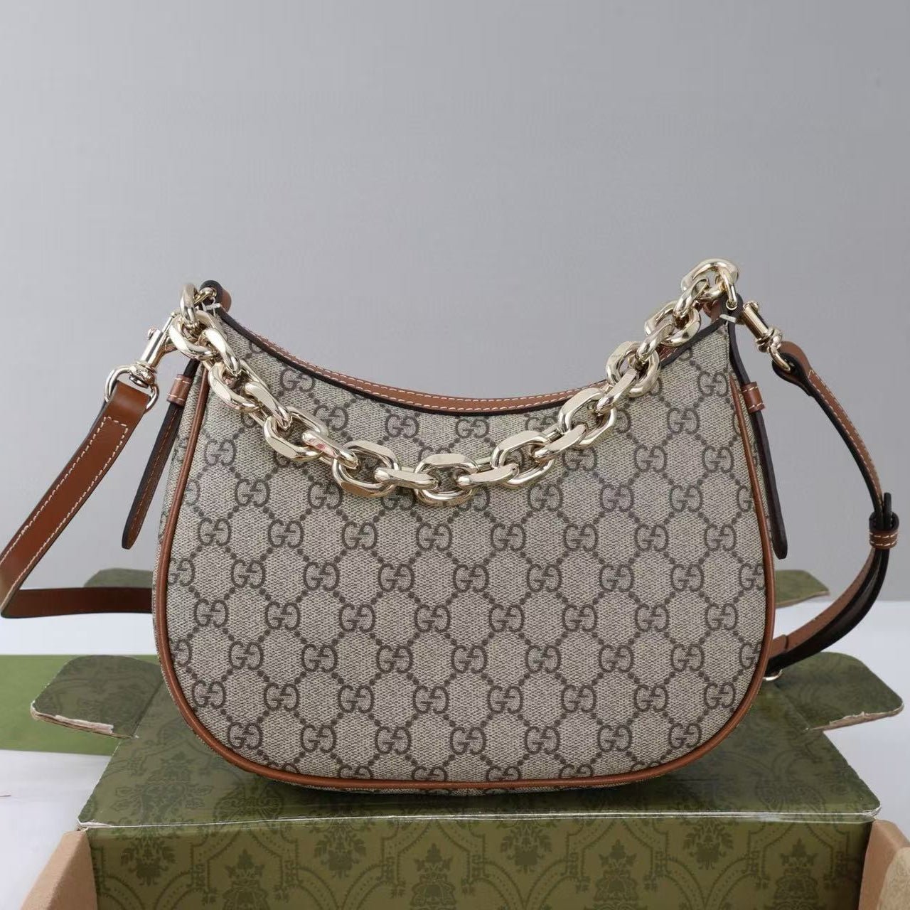 {Style No: CAE8KBNM} GG SHOULDER BAG 25 IN DARK BEIGE MONOGRAM CANVAS MIX CALFSKIN