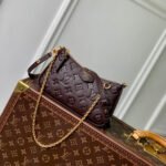 {Style No: RF987UNL} EASY POUCH ON STRAP 19 IN DARK BROWN MONOGRAM EMBOSSED LOGO CALFSKIN
