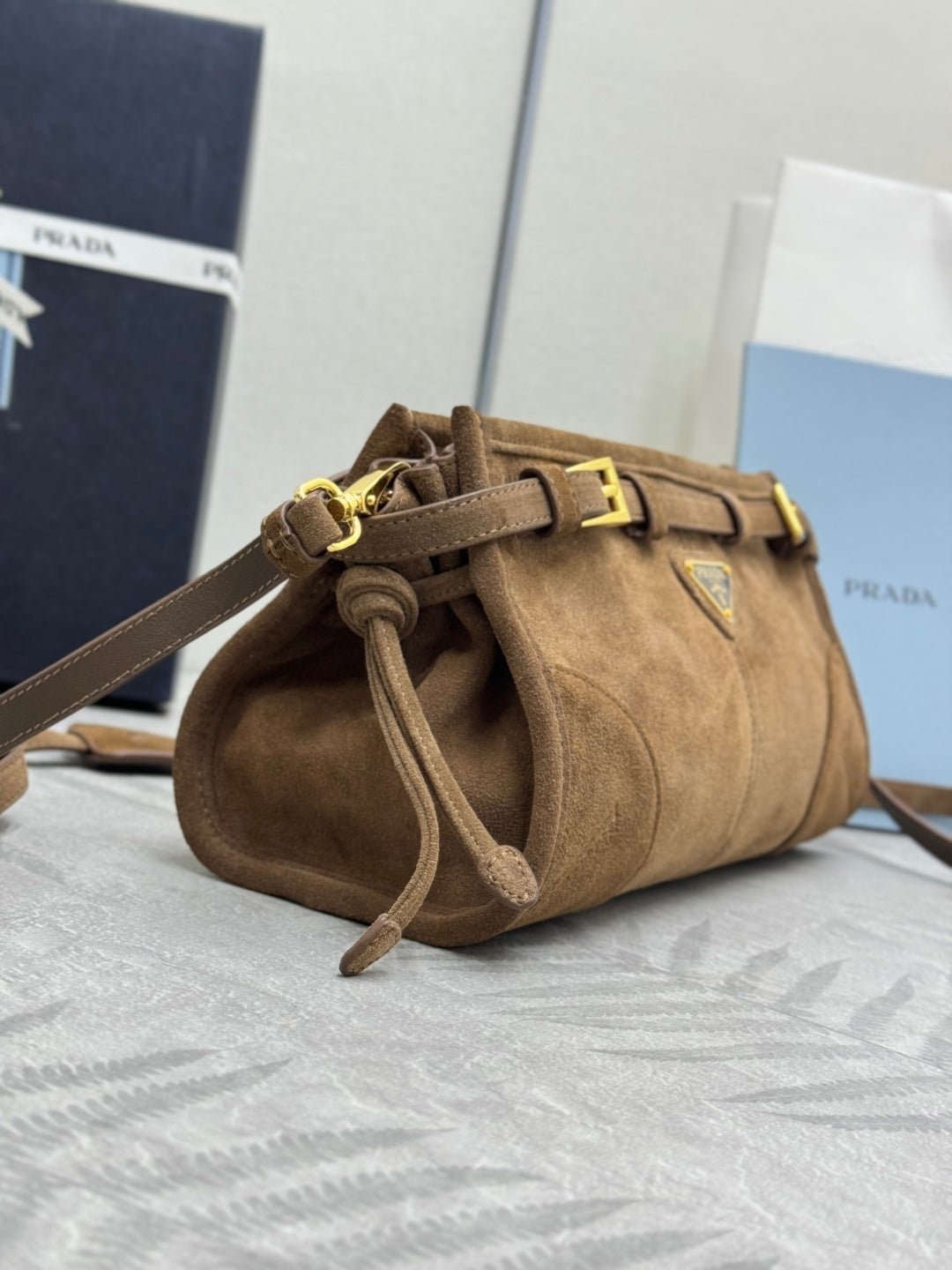 {Style No: KJ6R4P2R} PRADA 25S BONNIE SMALL SHOULDER BAG 26 IN BROWN SUEDE GOLD HARDWRE - Image 4