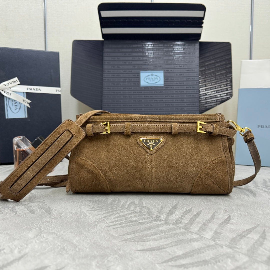 {Style No: KJ6R4P2R} PRADA 25S BONNIE SMALL SHOULDER BAG 26 IN BROWN SUEDE GOLD HARDWRE