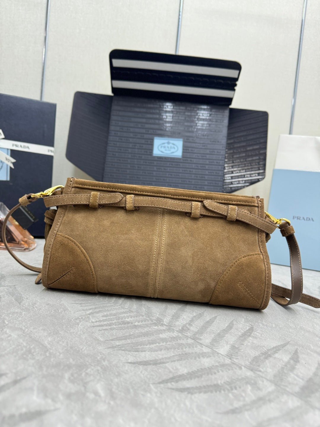{Style No: KJ6R4P2R} PRADA 25S BONNIE SMALL SHOULDER BAG 26 IN BROWN SUEDE GOLD HARDWRE - Image 2
