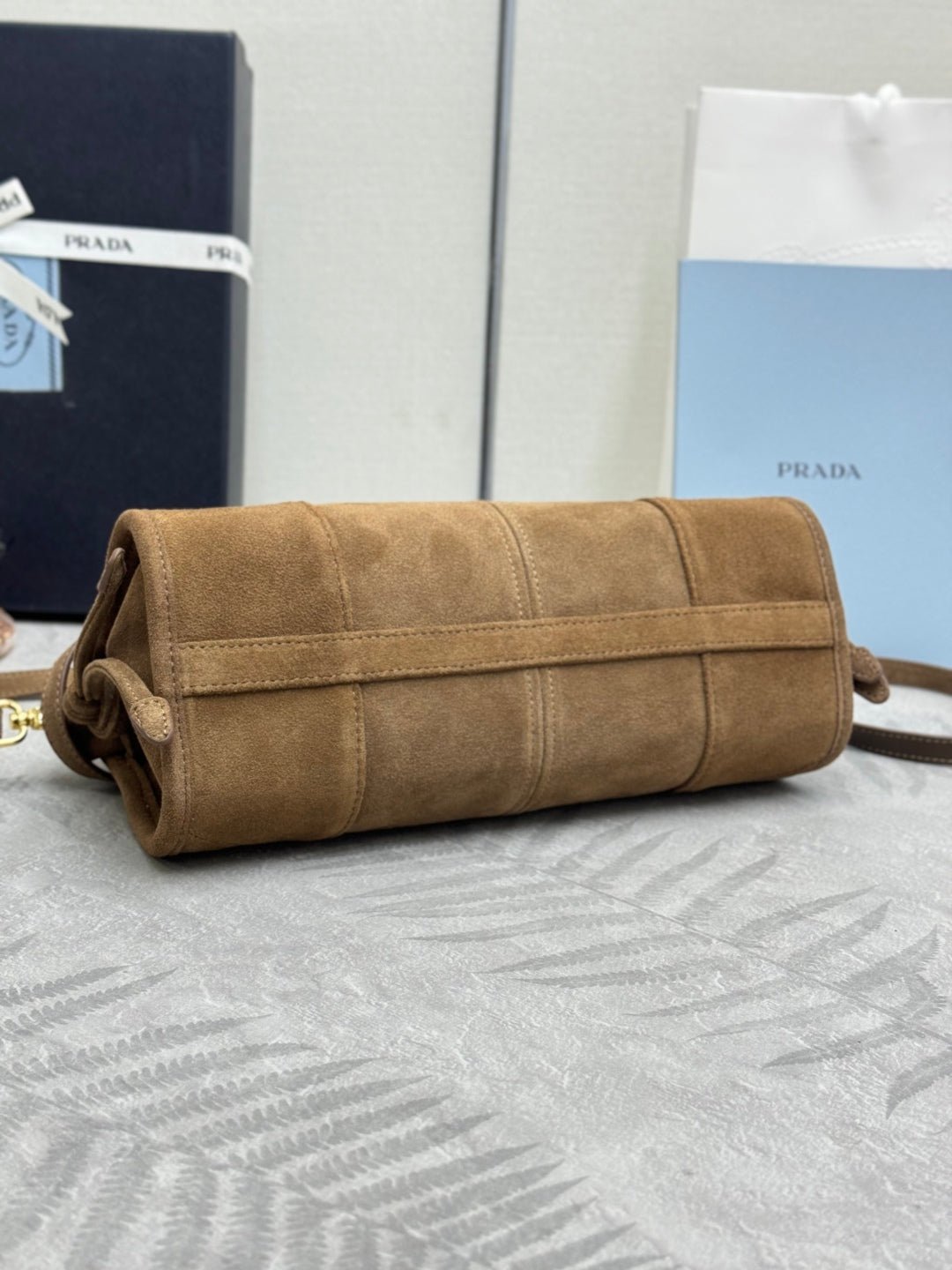 {Style No: KJ6R4P2R} PRADA 25S BONNIE SMALL SHOULDER BAG 26 IN BROWN SUEDE GOLD HARDWRE - Image 9