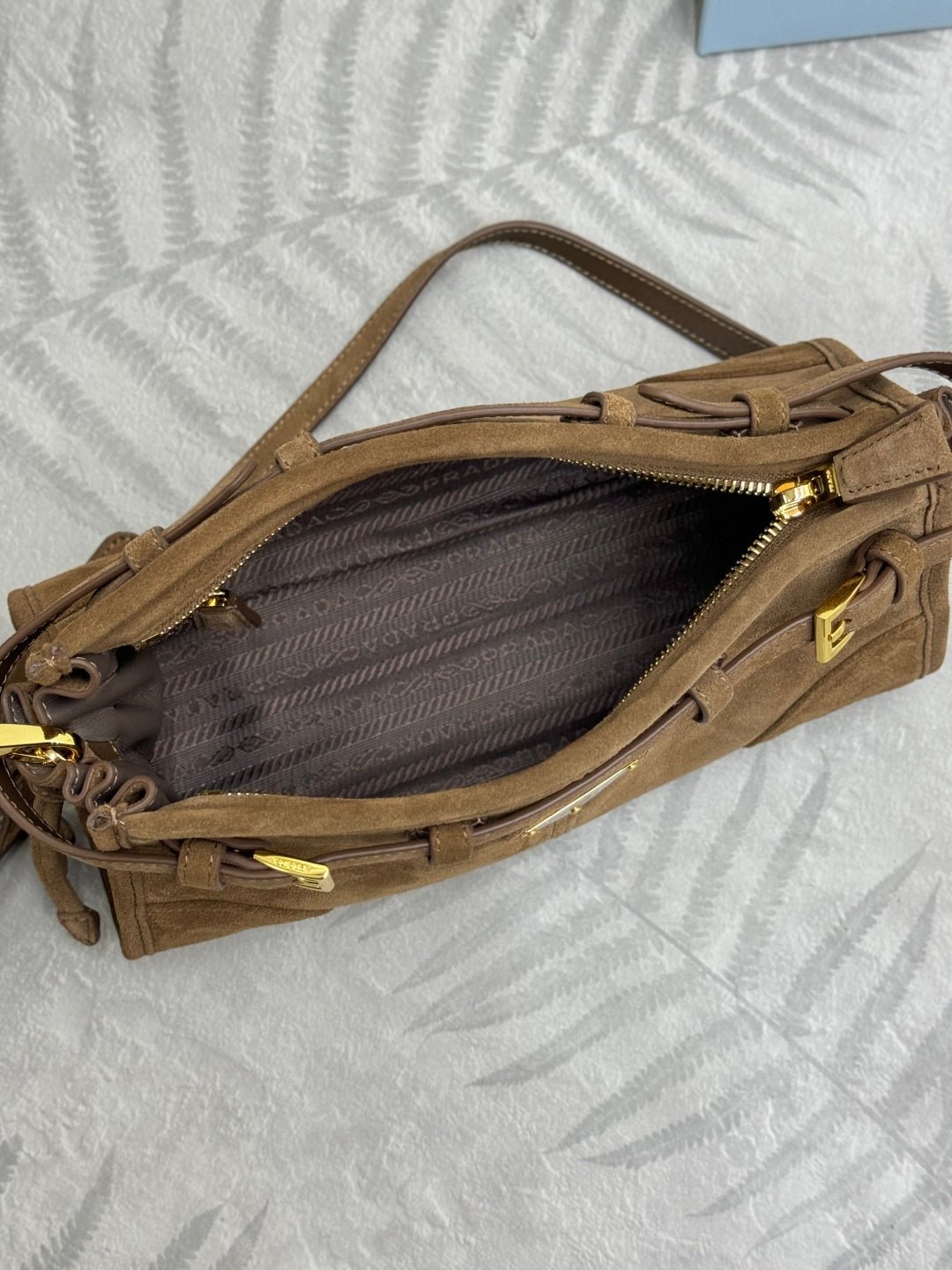 {Style No: KJ6R4P2R} PRADA 25S BONNIE SMALL SHOULDER BAG 26 IN BROWN SUEDE GOLD HARDWRE - Image 5