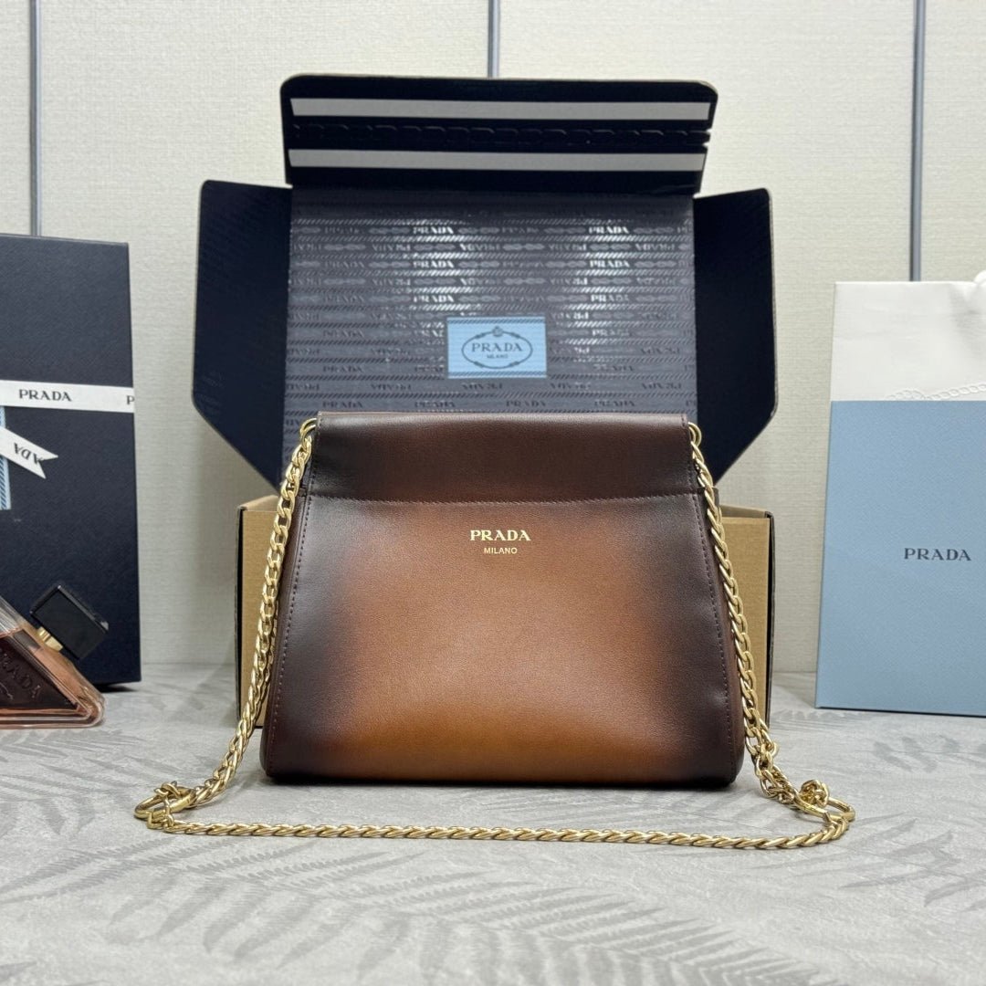 {Style No: FJDHQZNM} PRADA 25S ENCHAINE MINI BAG 22 IN COGNAC CALFSKIN GOLD HARDWARE