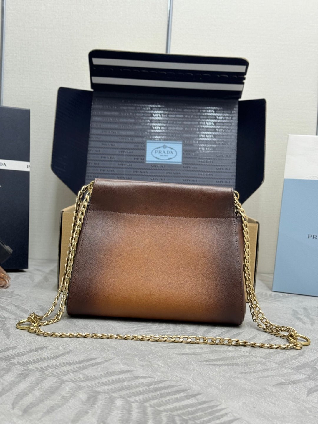 {Style No: FJDHQZNM} PRADA 25S ENCHAINE MINI BAG 22 IN COGNAC CALFSKIN GOLD HARDWARE - Image 2