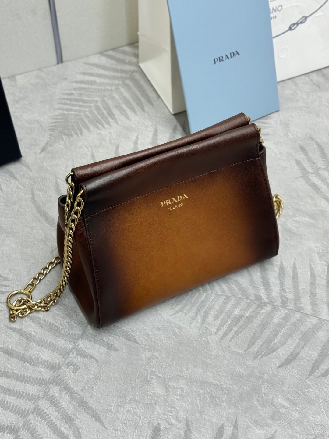 {Style No: FJDHQZNM} PRADA 25S ENCHAINE MINI BAG 22 IN COGNAC CALFSKIN GOLD HARDWARE - Image 7