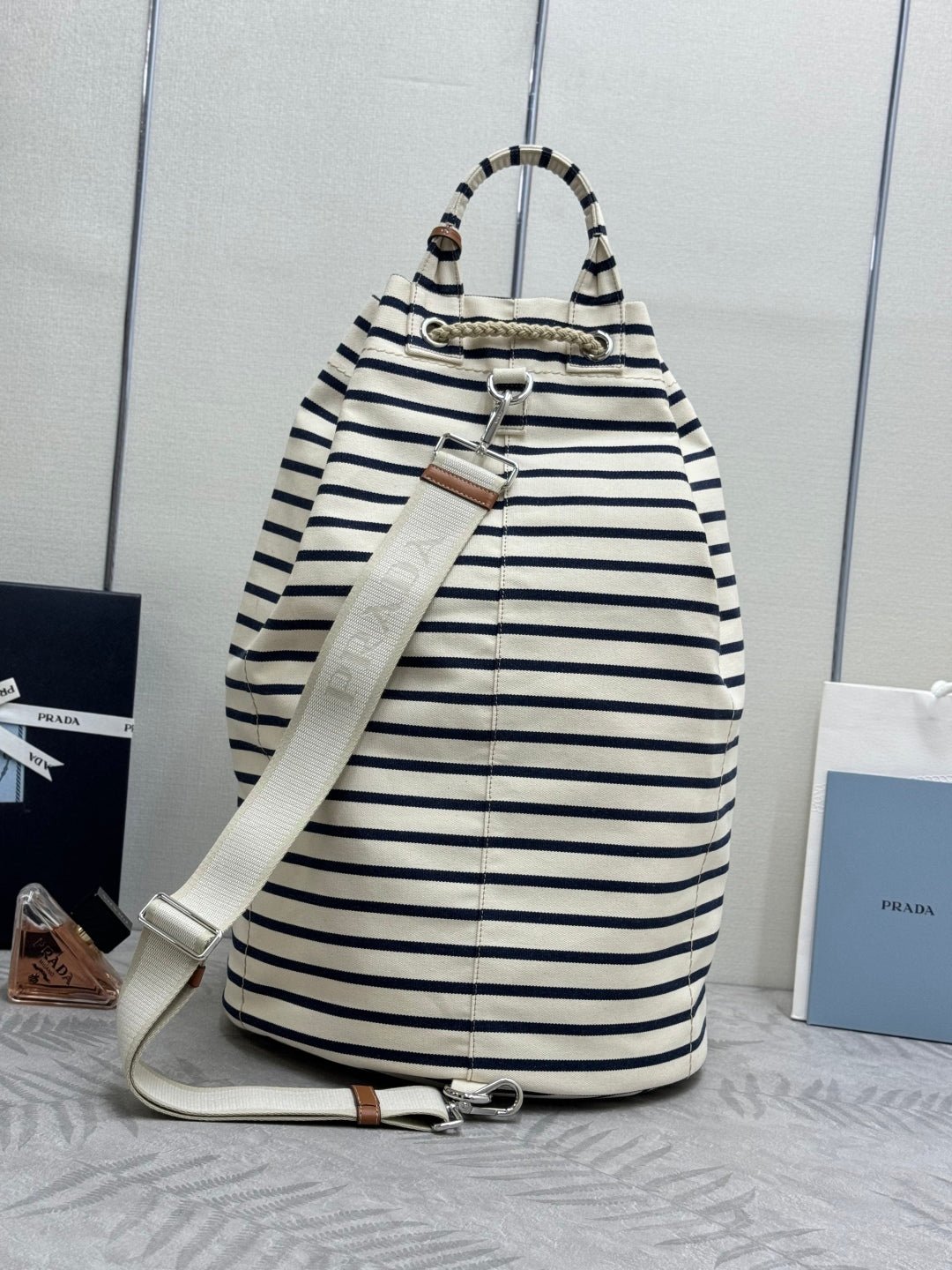 {Style No: 8PGOHVDT} PRADA 25S DRAWSTRING BACKPACK 55 IN HORIZONTAL STRIPES CANVAS SILVER HARDWRE - Image 2