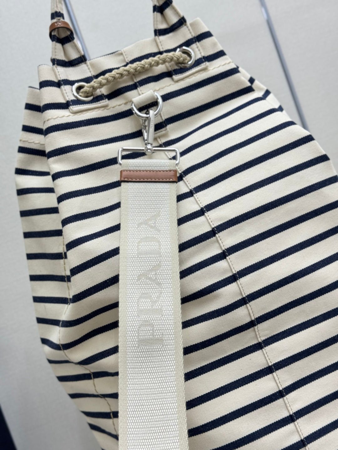 {Style No: 8PGOHVDT} PRADA 25S DRAWSTRING BACKPACK 55 IN HORIZONTAL STRIPES CANVAS SILVER HARDWRE - Image 6