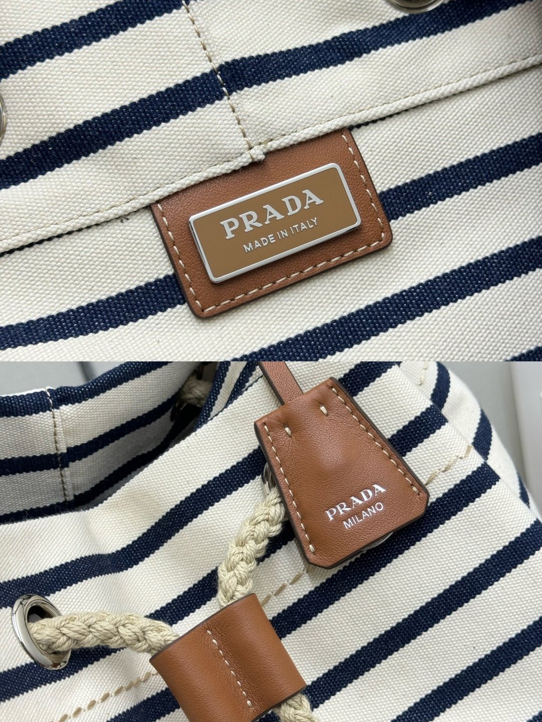 {Style No: 8PGOHVDT} PRADA 25S DRAWSTRING BACKPACK 55 IN HORIZONTAL STRIPES CANVAS SILVER HARDWRE - Image 5