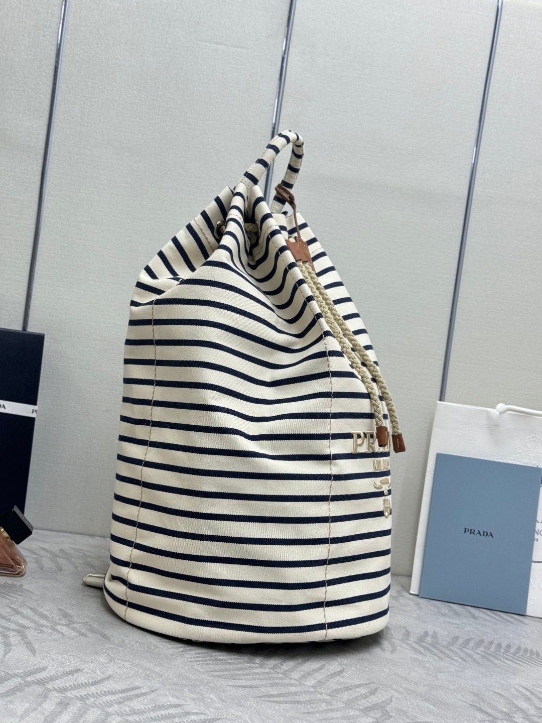 {Style No: 8PGOHVDT} PRADA 25S DRAWSTRING BACKPACK 55 IN HORIZONTAL STRIPES CANVAS SILVER HARDWRE - Image 7