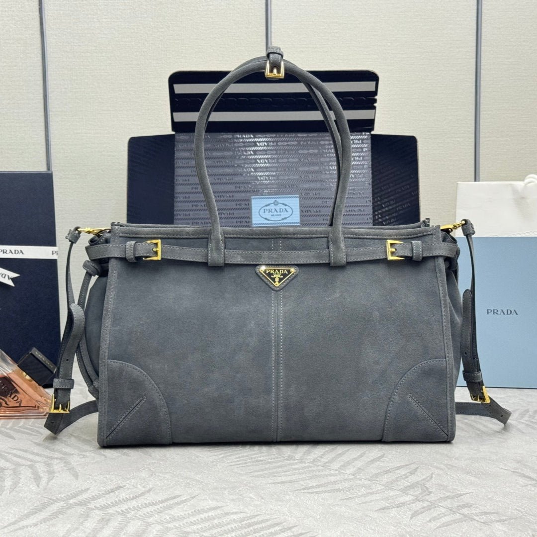 {Style No: FDPITRX6} PRADA 25S BONNIE LARGE HANDBAG 38 IN DARK GRAY SUEDE GOLD HARDWARE