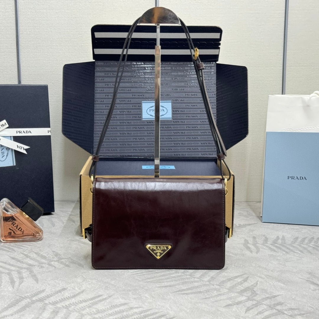 {Style No: ZTGXHQ1B} PRADA 25S SHOULDER BAG 23 IN DARK BROWN CALFSKIN GOLD HARDWRE