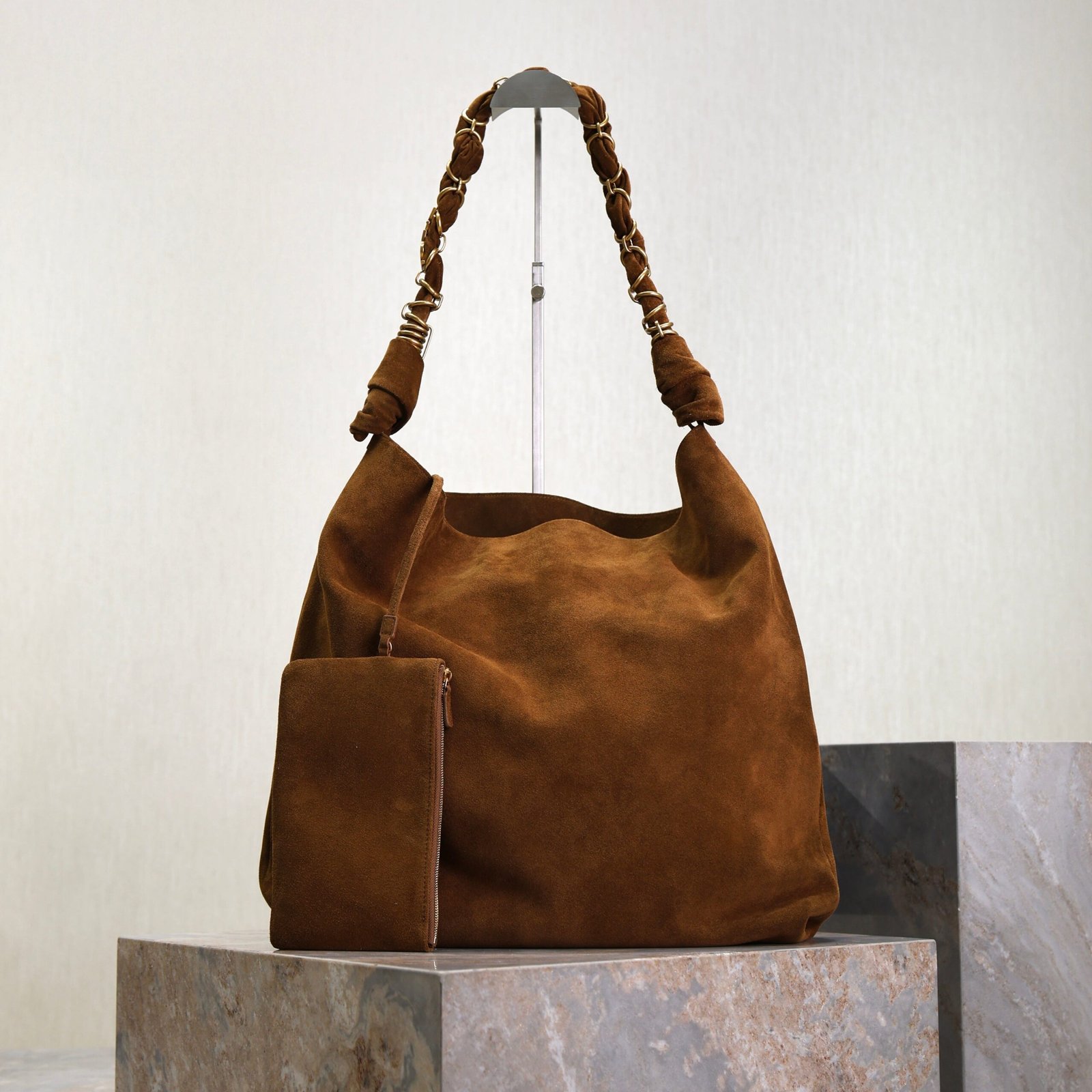 {Style No: WIO6BG7Z} YSL 25S AMALIA 50 IN DARK CARAMEL SUEDE GOLD HARDWARE