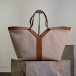 {Style No: XSOHXEPQ} YSL 25S Y TOTE 50 IN BROWN BEIGE CANVAS AND CALFSKIN