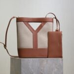 {Style No: 93P5KA6K} YSL 25S Y SMALL BUCKET 29 IN DESERT DUST AND BRICK CANVAS GOLD HARDWRE