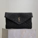 {Style No: 6XWE2TST} YSL 25S CASSANDRE LARGE ENVELOPE POUCH 29 IN BLACK RAFFIA GOLD HARDWARE