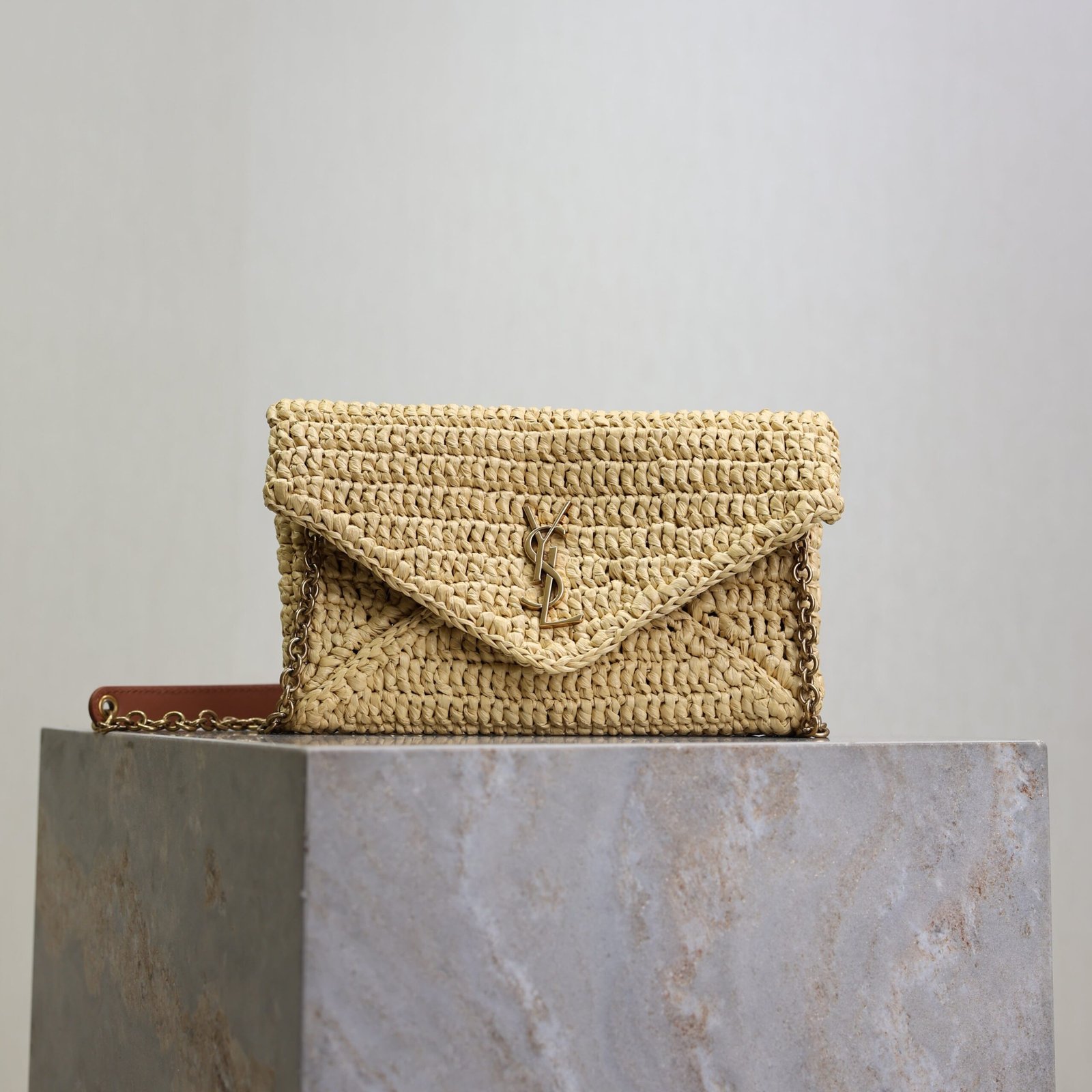 {Style No: FVRHZE1X} YSL 25S CALYPSO BAG 19 IN NATURAL RAFFIA AND CALFSKIN GOLD HARDWARE