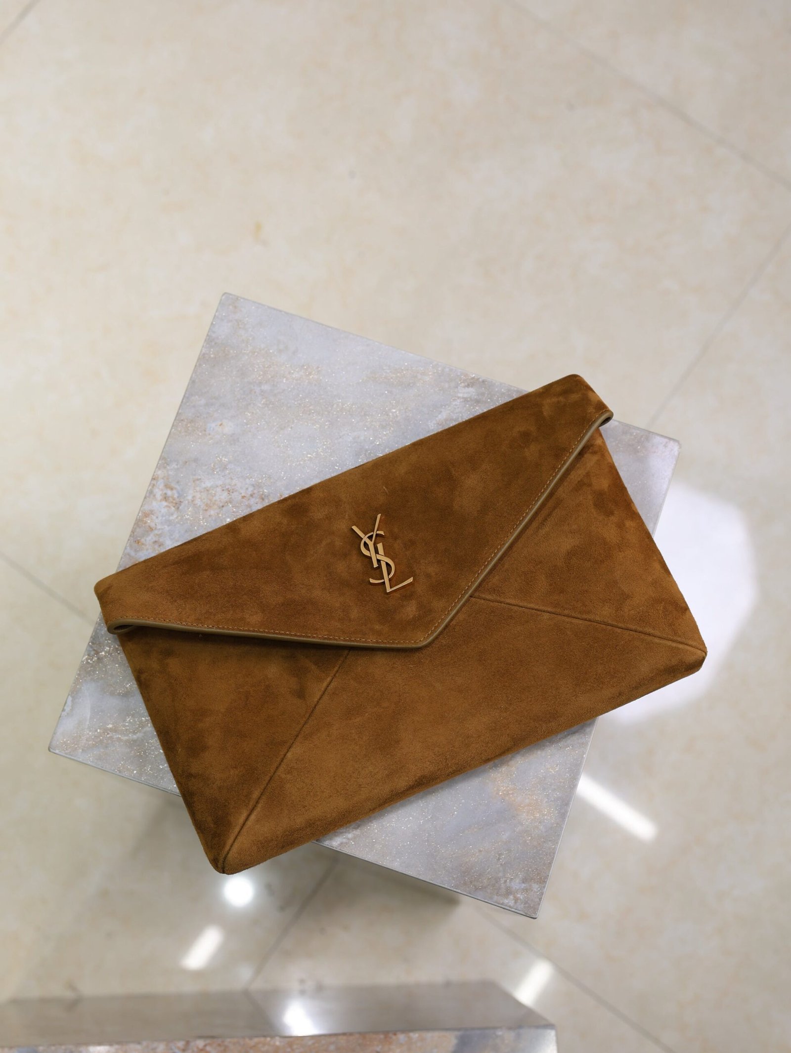 {Style No: FZYAFICI} YSL 25S CASSANDRE LARGE ENVELOPE POUCH 29 IN BURNT UMBER SUEDE GOLD HARDWRE - Image 7