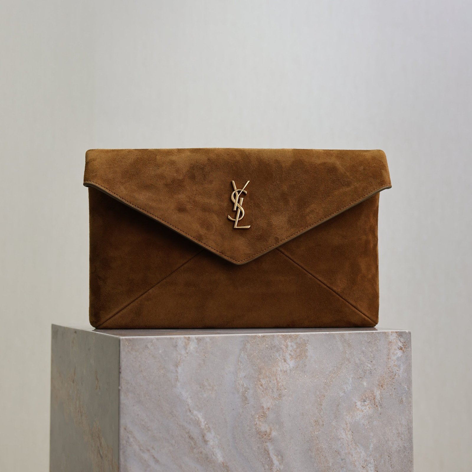 {Style No: FZYAFICI} YSL 25S CASSANDRE LARGE ENVELOPE POUCH 29 IN BURNT UMBER SUEDE GOLD HARDWRE
