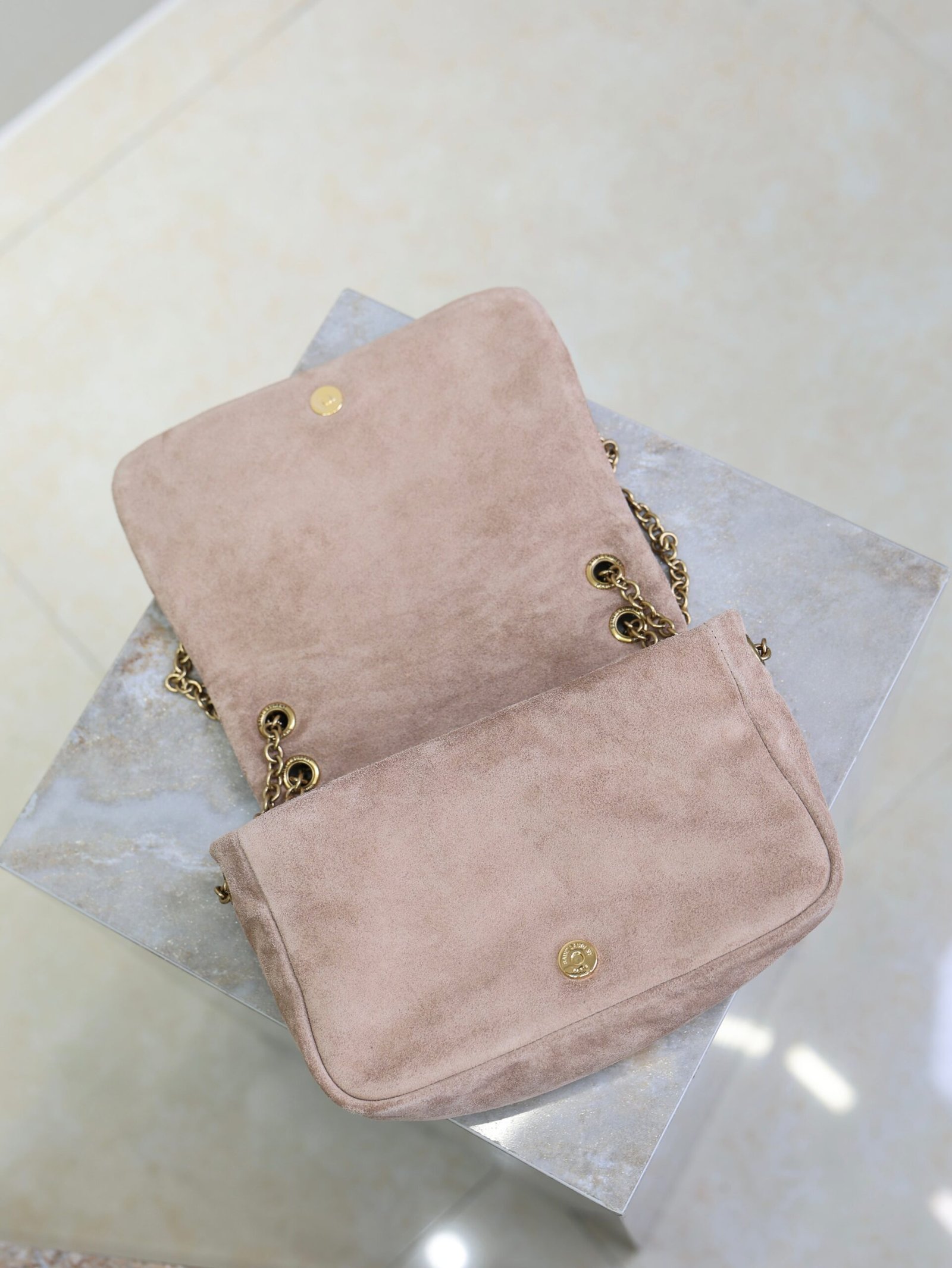 {Style No: 9LH4OT3Y} YSL 25S JAMIE 4.3 MINI 20 IN DUSTY ROSE BEIGE SUEDE GOLD HARDWRE - Image 6
