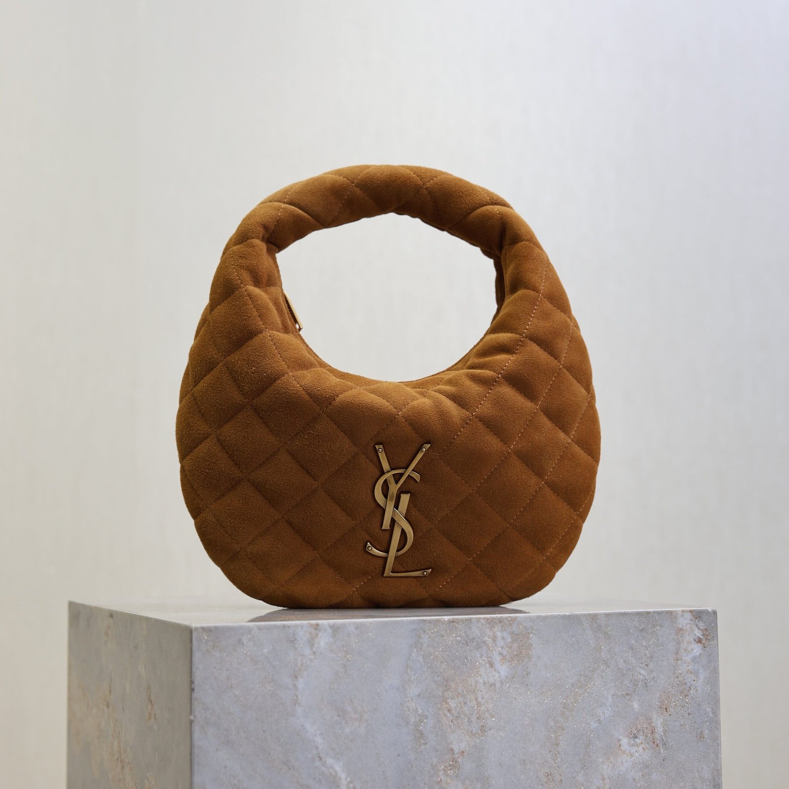 {Style No: U4WTSYTD} YSL 25S ICARINO MINI 17 IN CARAMEL QUILTED SUEDE GOLD HARDWRE