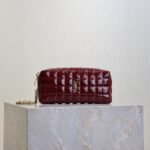{Style No: Y7JBKPCW} YSL 25S CASSANDRE MATELASSÉ CARRÉ POUCH ON CHAIN 18 IN DARK RED WINE SHINY CALFSKIN