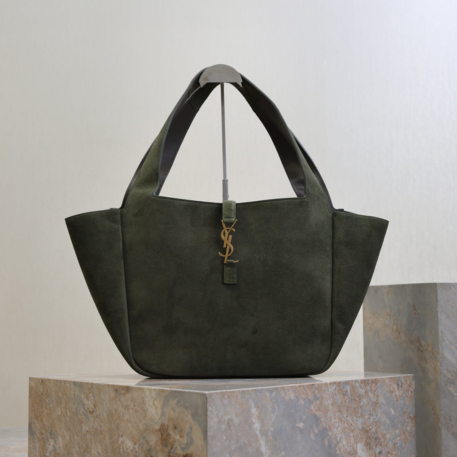 {Style No: M8KR4RY3} YSL 25S LE 5 À 7 BEA 50 IN DARK OLIVE SUEDE GOLD HARDWARE