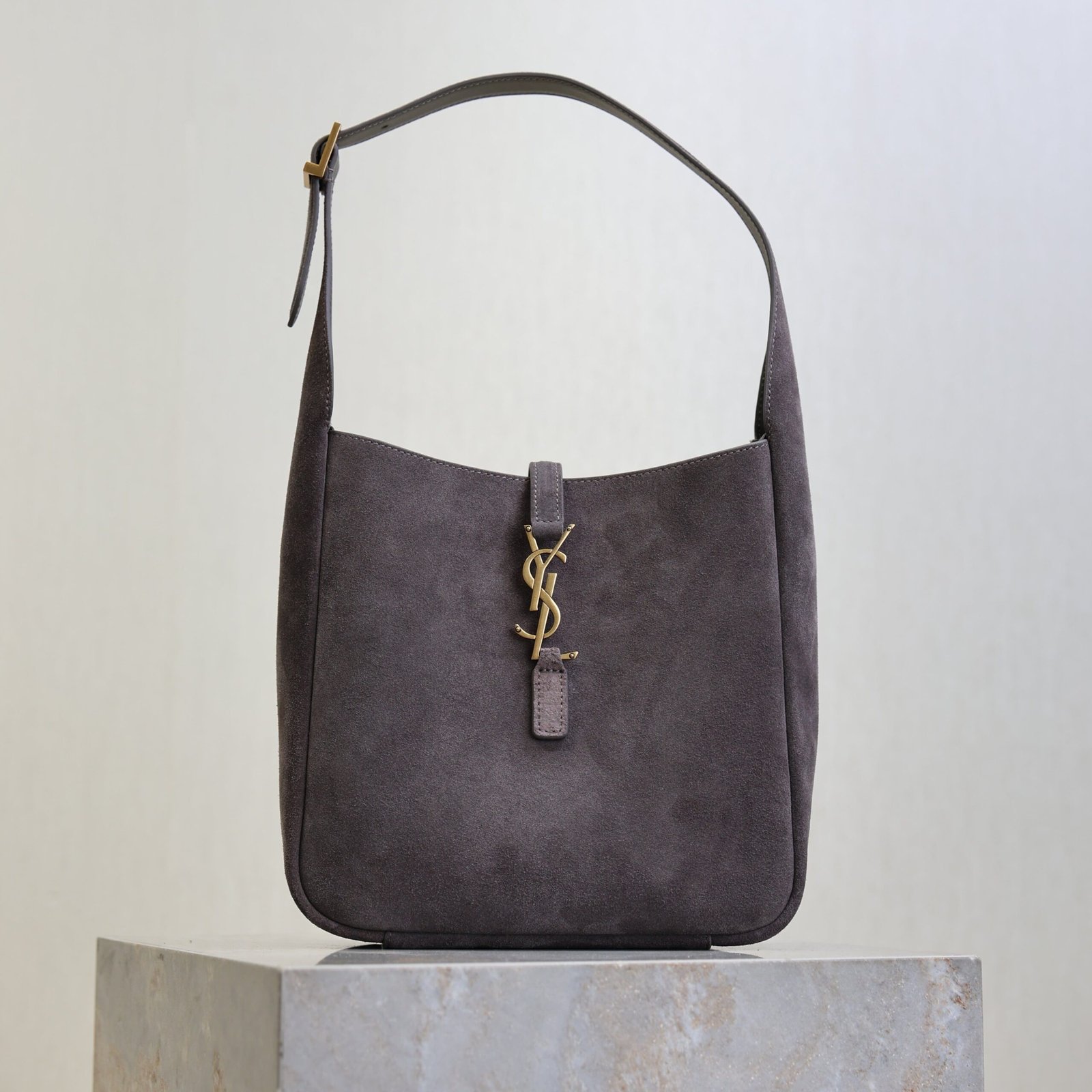 {Style No: FJAQD6AG} YSL 25S LE 5 À 7 SUPPLE SMALL 23 IN DARK GRAY SUEDE GOLD HARDWRE