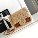 {Style No: MC3DSBAL} MINI FLAP BAG 18 IN BEIGE WOOL AND GINGER ORANGE CALFSKIN GOLD HARDWARE