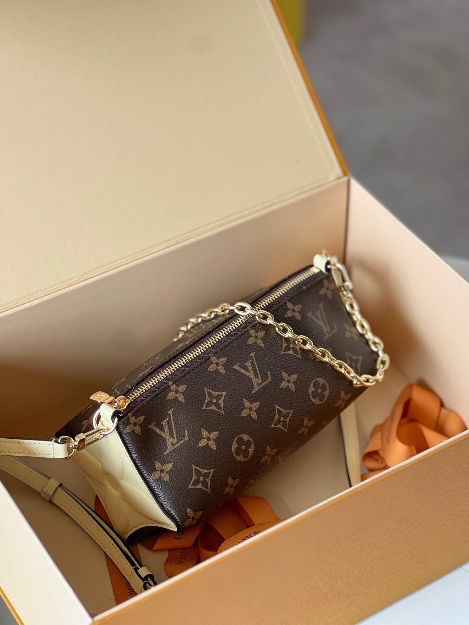 {Style No: IZLKTJ6A} BLOOM POUCH 22 IN BROWN MONOGRAM CANVAS AND PASTEL YELLOW CALFSKIN SIDES - Image 9