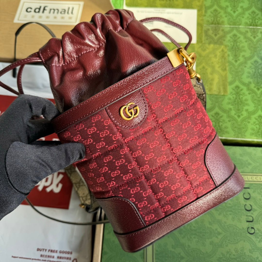 {Style No: WG9ZY93I} BUCKET BAG 18 IN BURGUNDY RED CANVAS AND CALFSKIN GOLD HARDWARE - Image 3