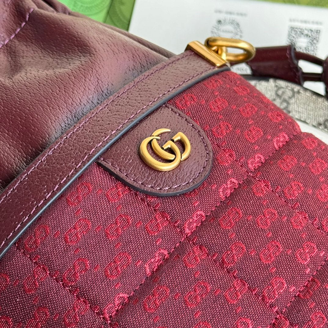 {Style No: WG9ZY93I} BUCKET BAG 18 IN BURGUNDY RED CANVAS AND CALFSKIN GOLD HARDWARE - Image 5