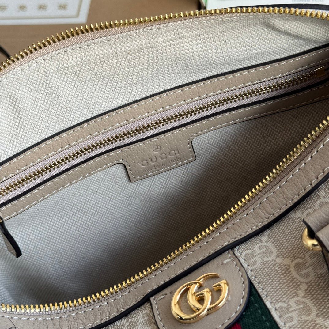{Style No: TZILFPAH} OPHIDIA SMALL TOP HANDLE BAG 26 IN BEIGE WHITE CANVAS AND OAT CALFSKIN TRIM GOLD HARDWARE - Image 3