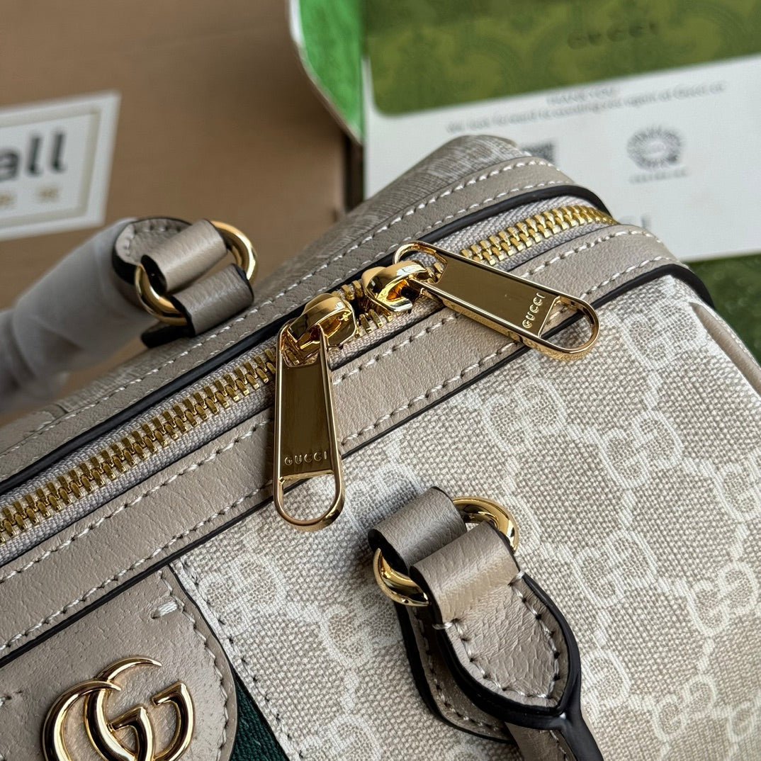 {Style No: TZILFPAH} OPHIDIA SMALL TOP HANDLE BAG 26 IN BEIGE WHITE CANVAS AND OAT CALFSKIN TRIM GOLD HARDWARE - Image 4