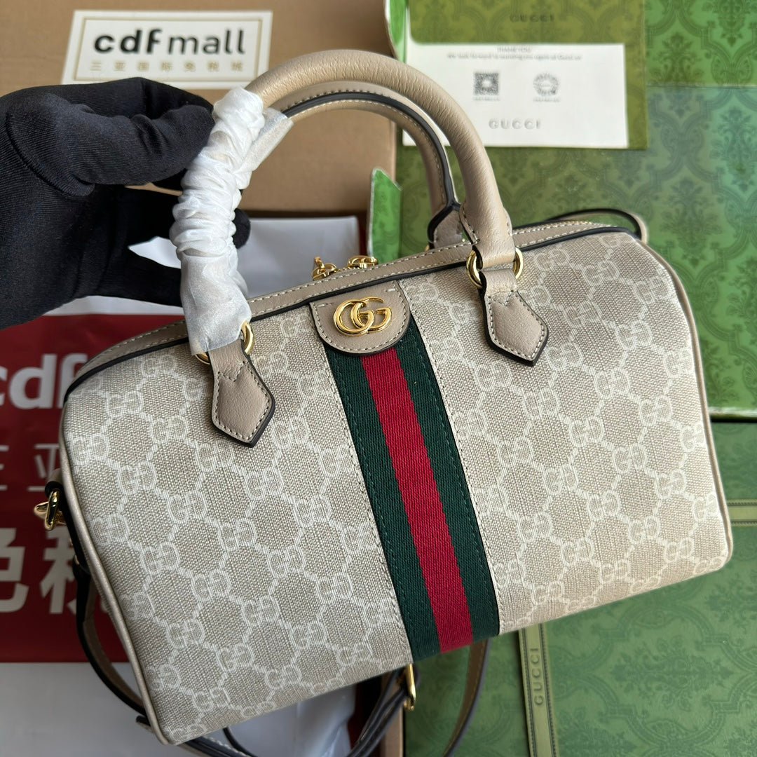 {Style No: TZILFPAH} OPHIDIA SMALL TOP HANDLE BAG 26 IN BEIGE WHITE CANVAS AND OAT CALFSKIN TRIM GOLD HARDWARE