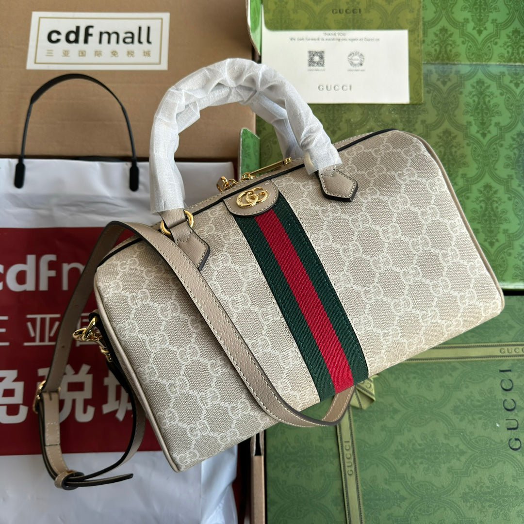 {Style No: TZILFPAH} OPHIDIA SMALL TOP HANDLE BAG 26 IN BEIGE WHITE CANVAS AND OAT CALFSKIN TRIM GOLD HARDWARE - Image 5