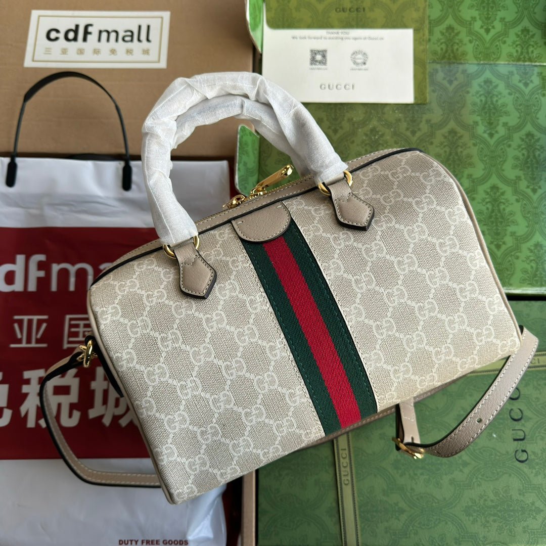 {Style No: TZILFPAH} OPHIDIA SMALL TOP HANDLE BAG 26 IN BEIGE WHITE CANVAS AND OAT CALFSKIN TRIM GOLD HARDWARE - Image 6