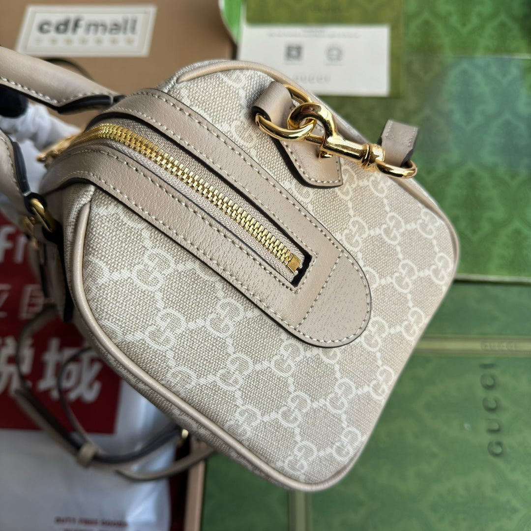 {Style No: TZILFPAH} OPHIDIA SMALL TOP HANDLE BAG 26 IN BEIGE WHITE CANVAS AND OAT CALFSKIN TRIM GOLD HARDWARE - Image 7
