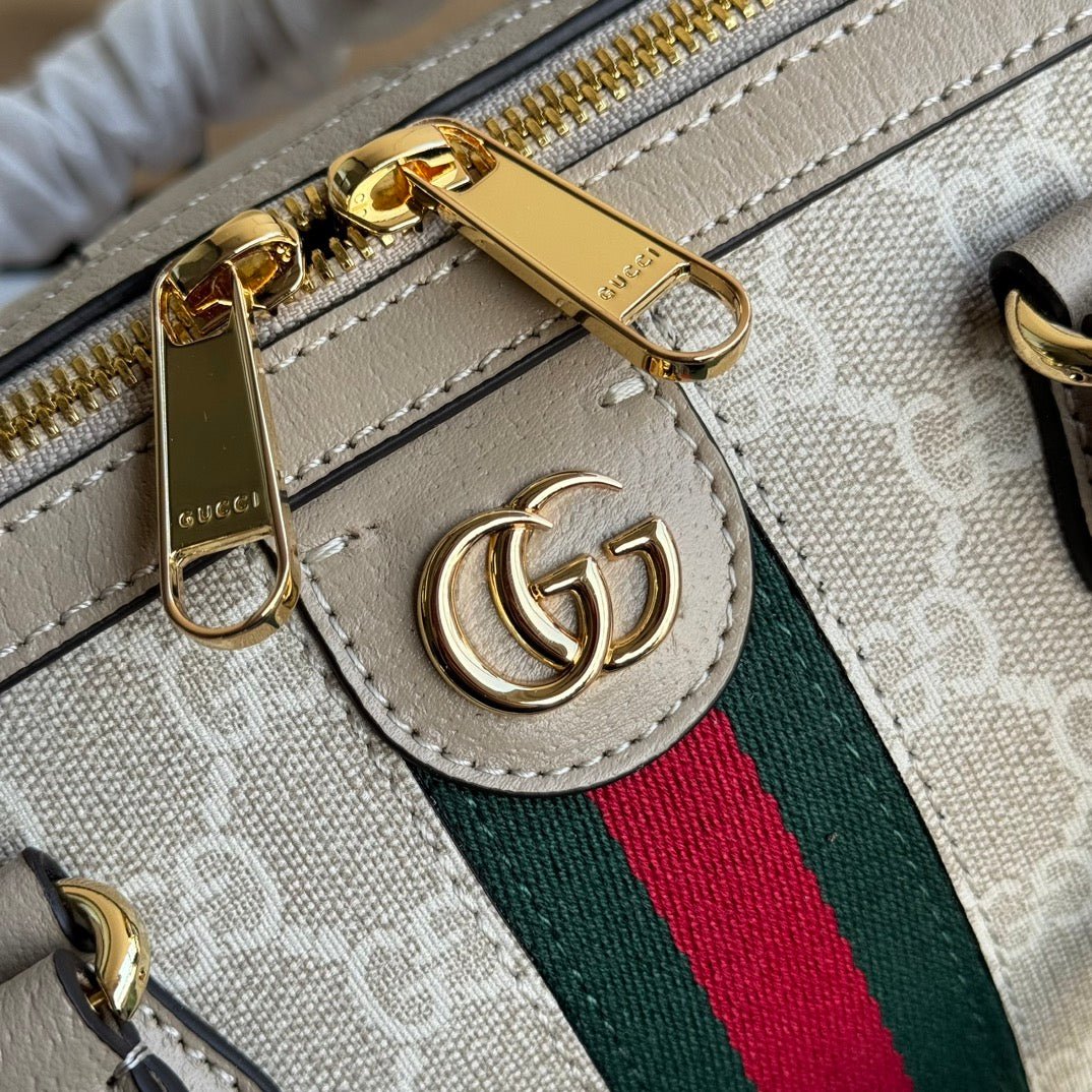 {Style No: TZILFPAH} OPHIDIA SMALL TOP HANDLE BAG 26 IN BEIGE WHITE CANVAS AND OAT CALFSKIN TRIM GOLD HARDWARE - Image 2