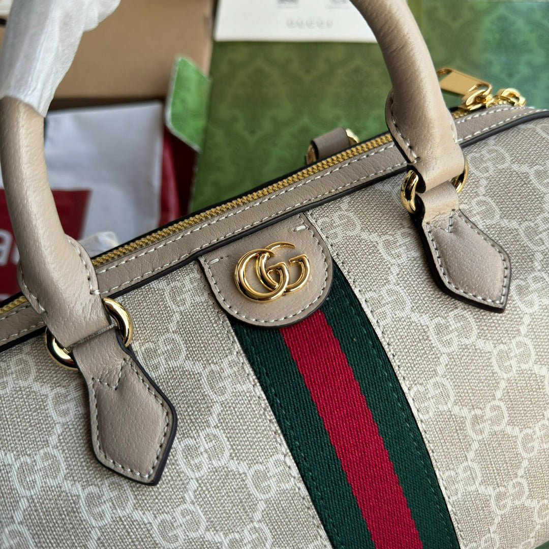 {Style No: TZILFPAH} OPHIDIA SMALL TOP HANDLE BAG 26 IN BEIGE WHITE CANVAS AND OAT CALFSKIN TRIM GOLD HARDWARE - Image 8